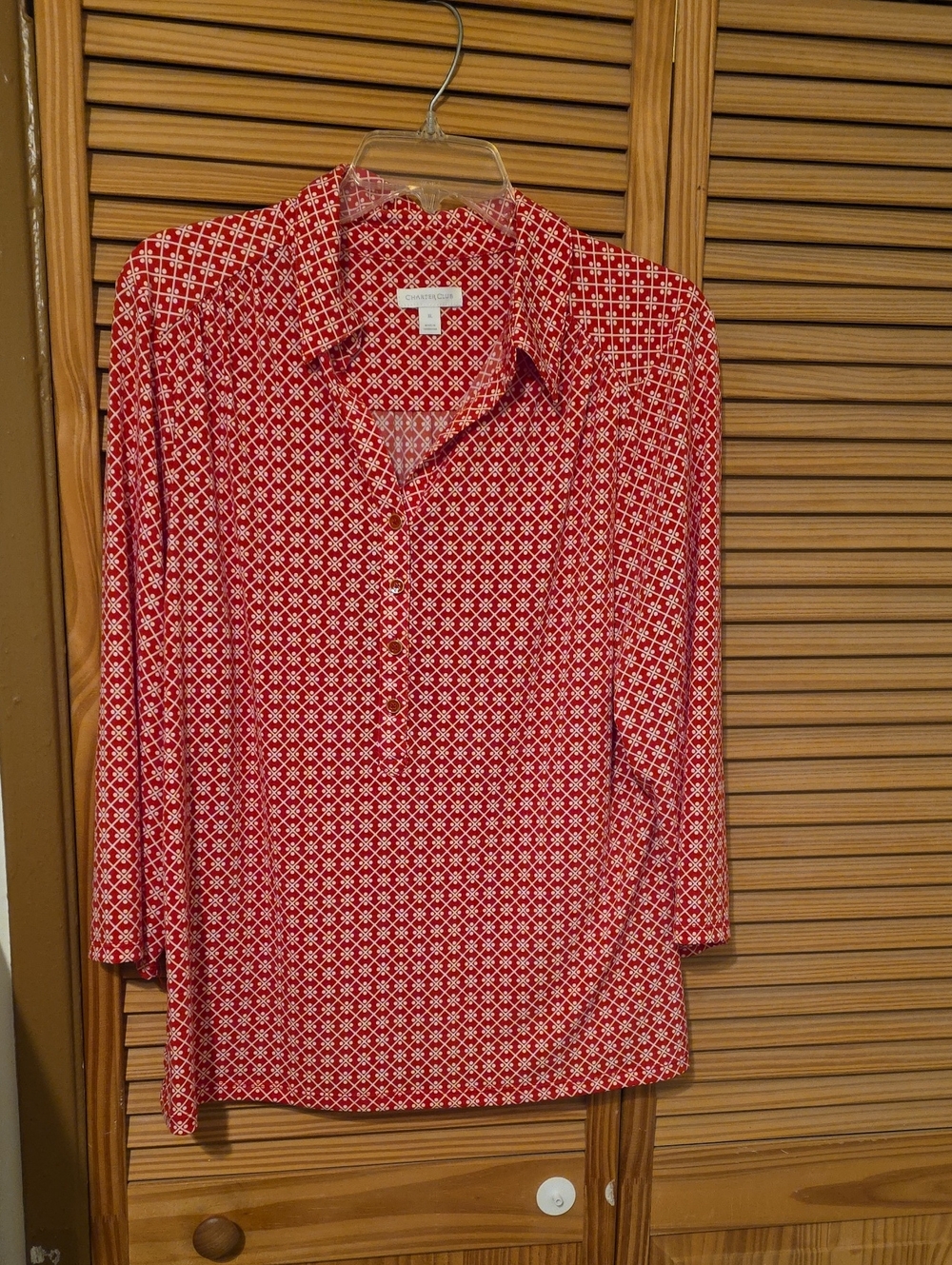 Charter Club Red and White Geometric Button-Up Blouse